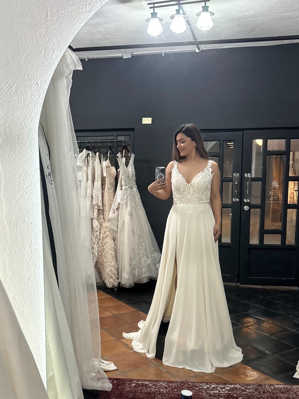 Ivory Lace Bodice Chiffon Wedding Dress with Front Slit